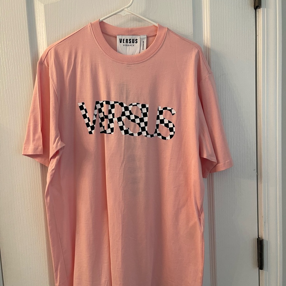 Versace Pink Short Sleeve Tee with Checkerboard Design
